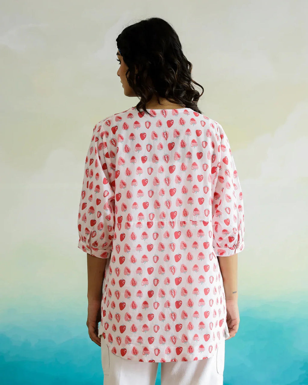 Strawberry Print Cotton V-Neck Top - SanskrutiHomes 