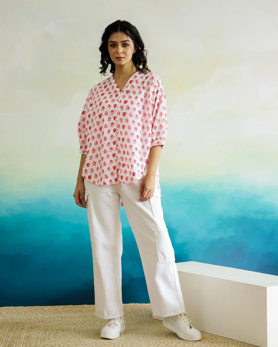 Strawberry Print Cotton V-Neck Top - SanskrutiHomes 