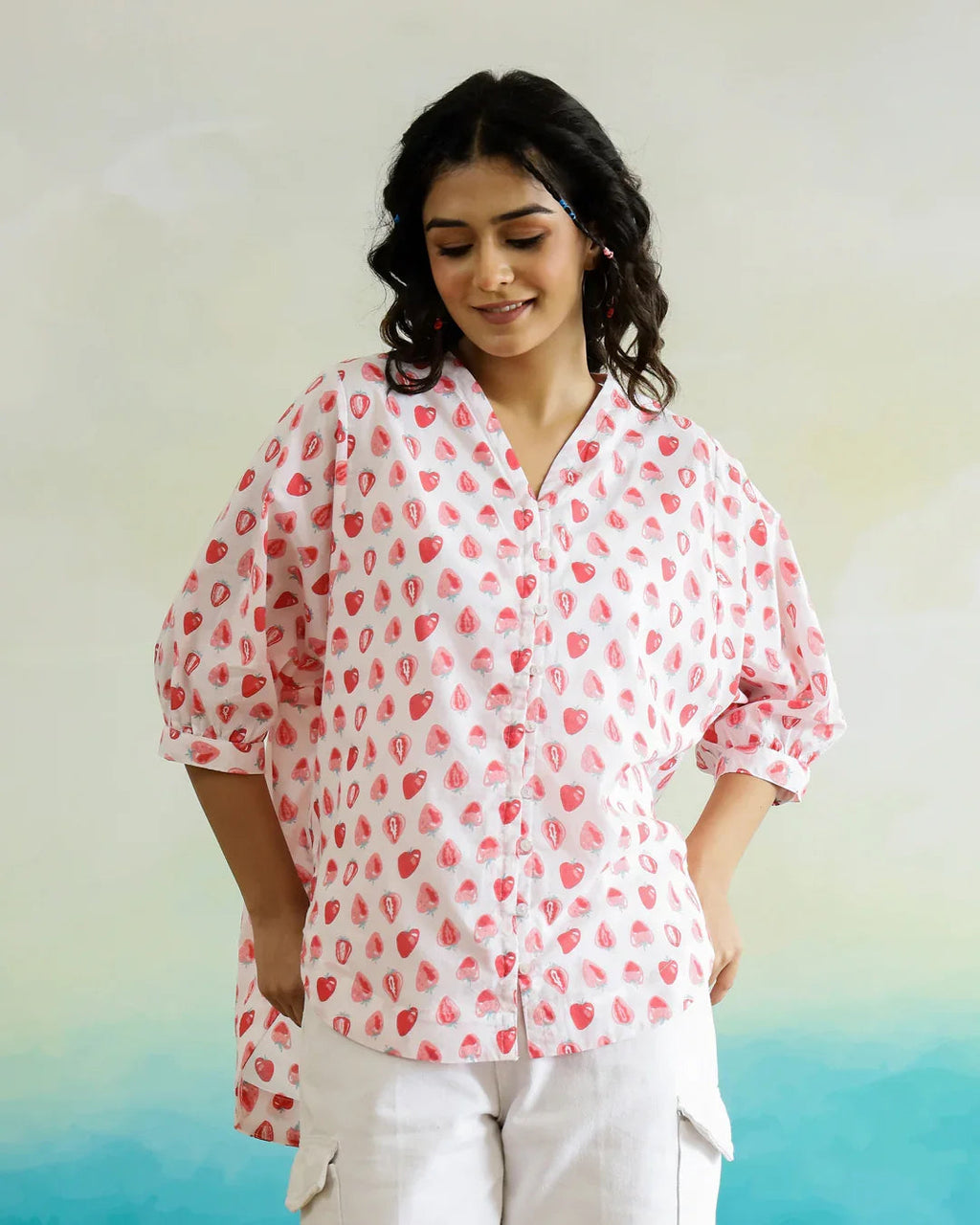 Strawberry Print Cotton V-Neck Top - SanskrutiHomes 