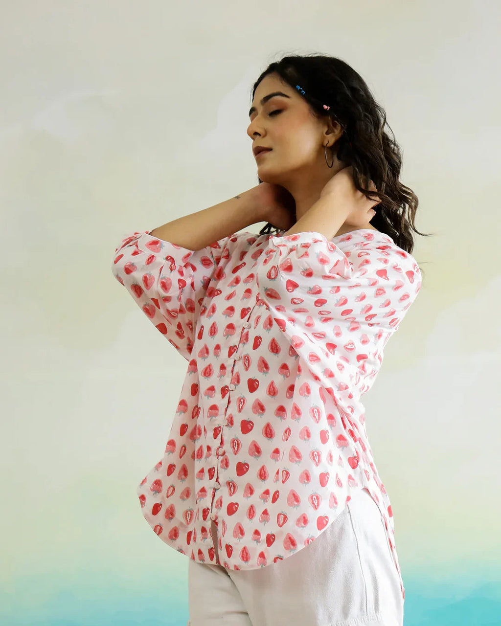 Strawberry Print Cotton V-Neck Top - SanskrutiHomes 