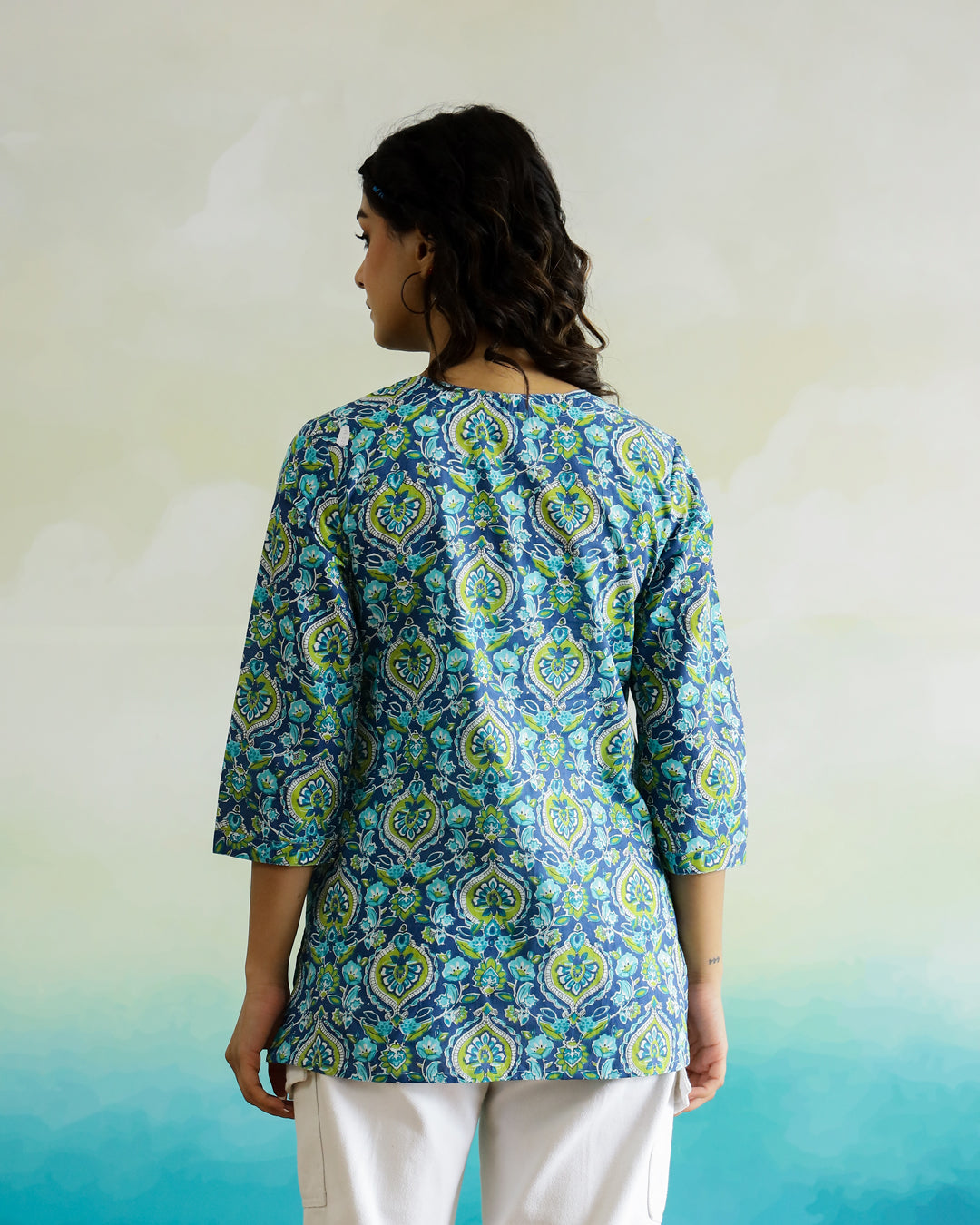 Blue Flower Printed Cotton Top - SanskrutiHomes 