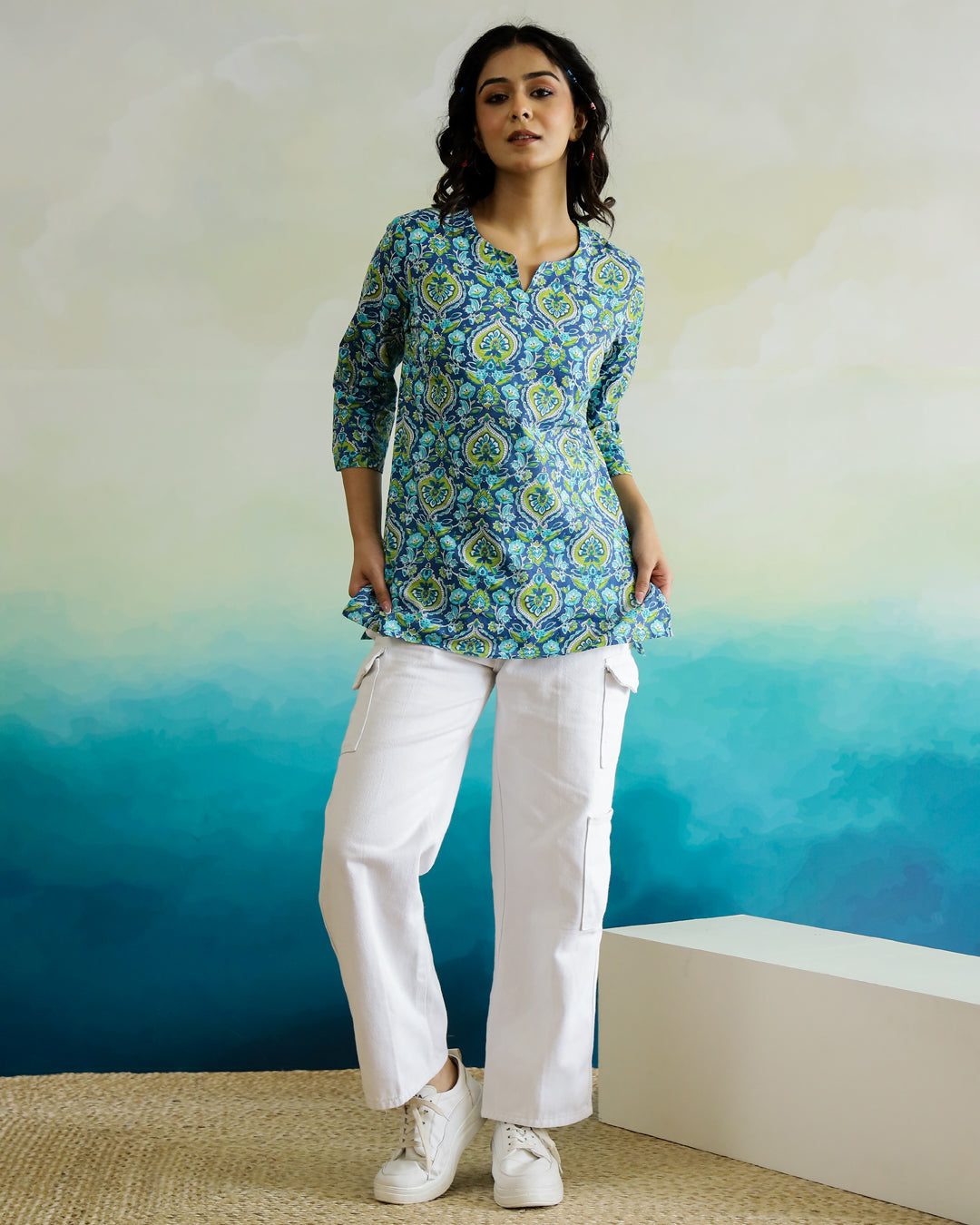 Blue Flower Printed Cotton Top - SanskrutiHomes 