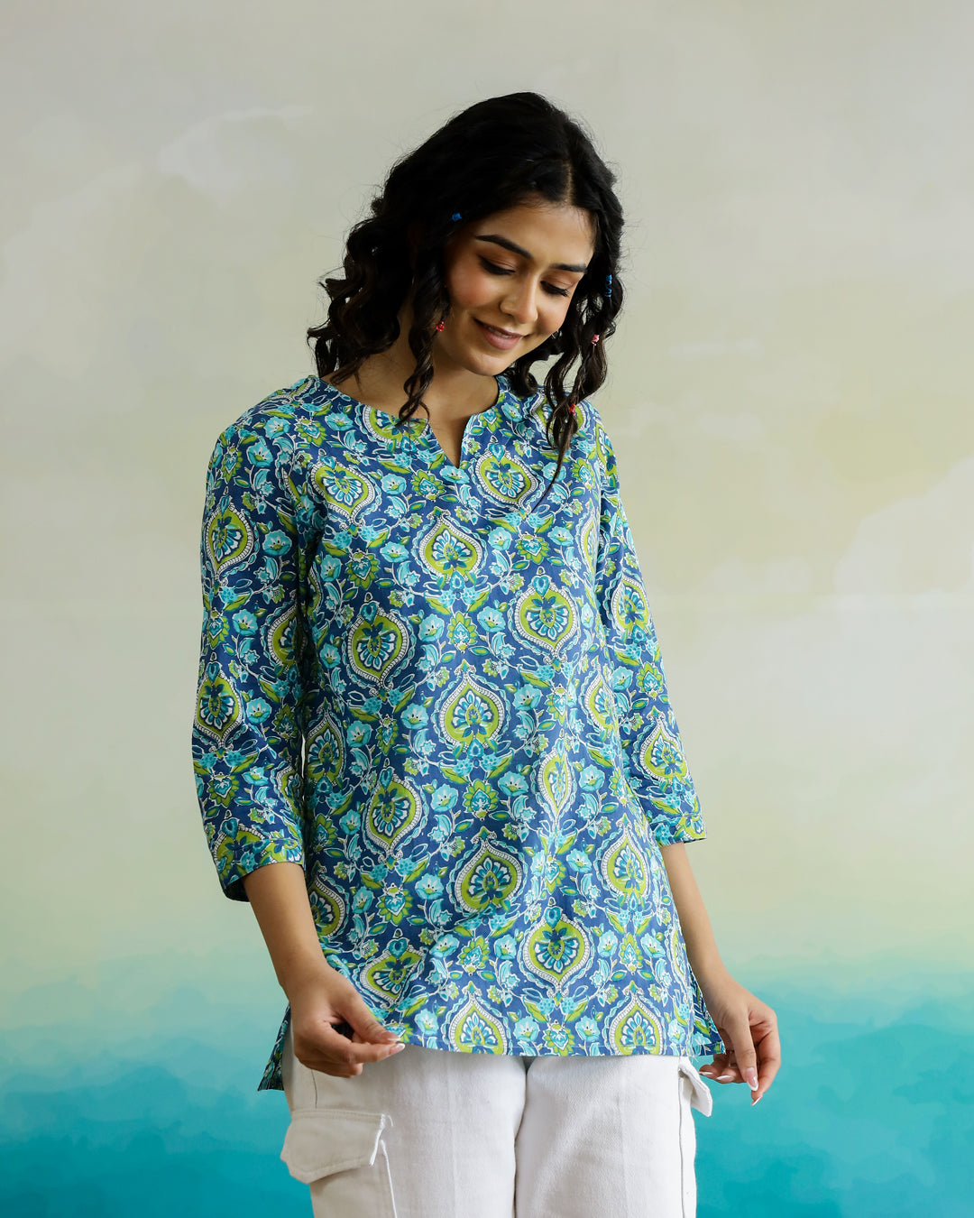 Blue Flower Printed Cotton Top - SanskrutiHomes 