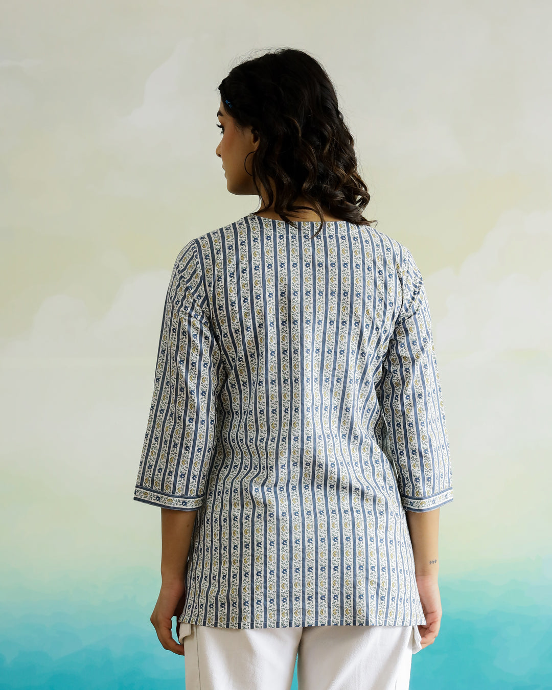 Stripted Print Cotton V-Neck Top - SanskrutiHomes 