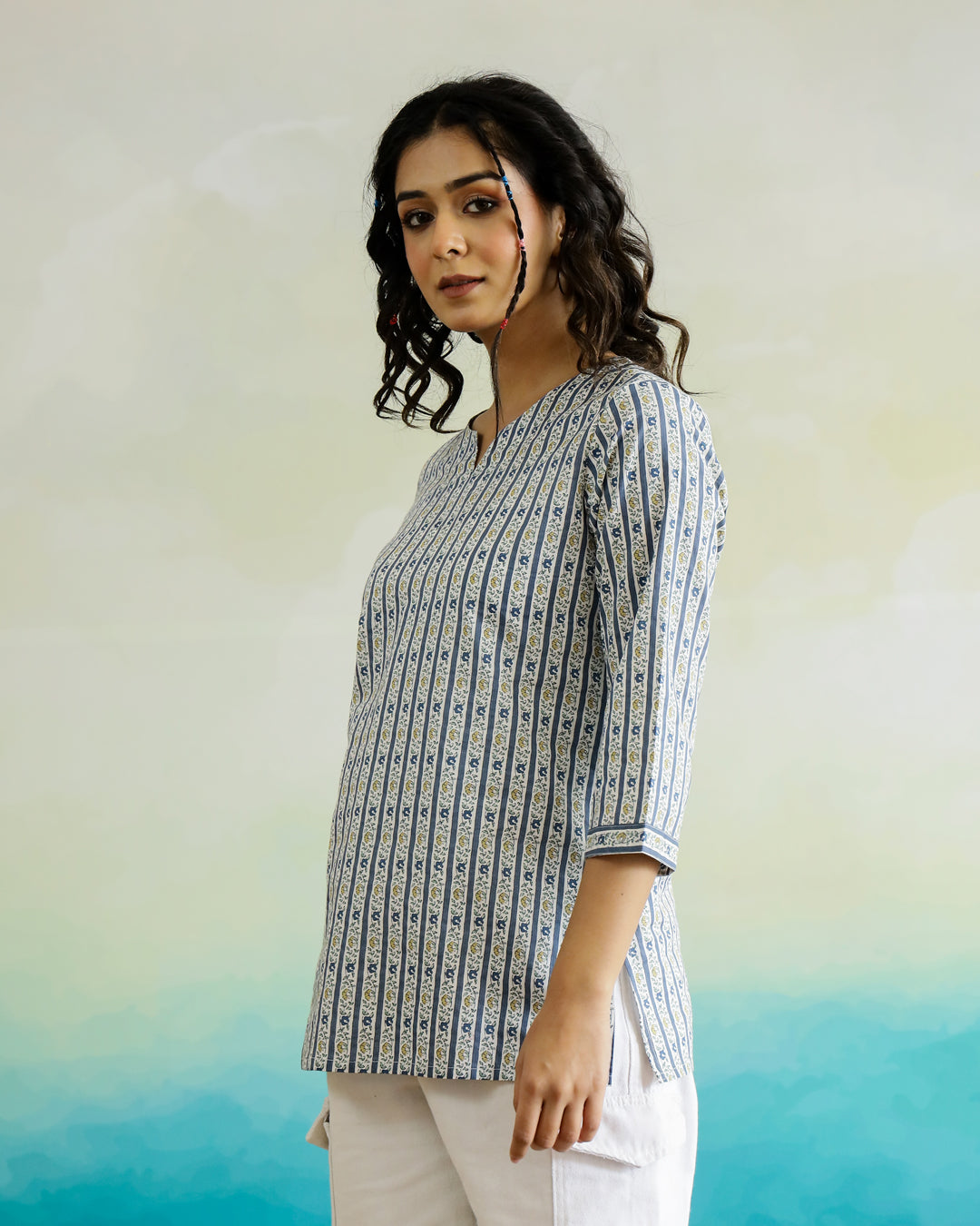 Stripted Print Cotton V-Neck Top - SanskrutiHomes 