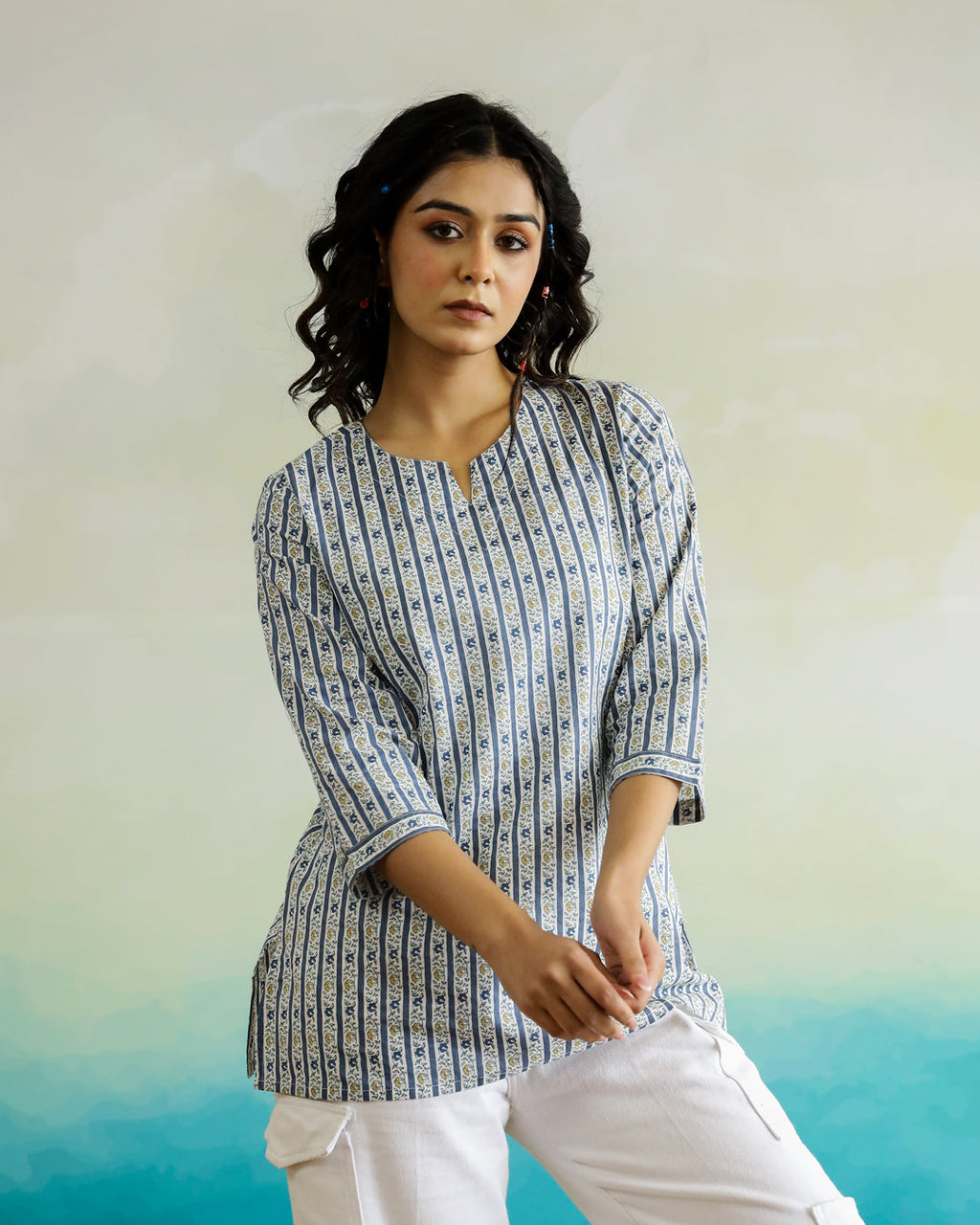 Stripted Print Cotton V-Neck Top - SanskrutiHomes 