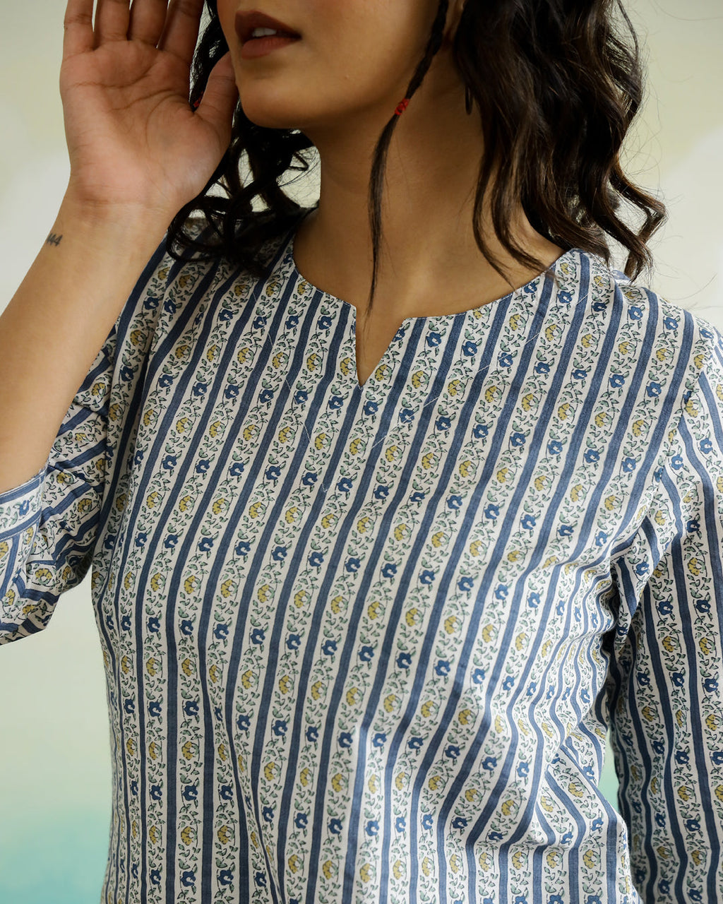 Stripted Print Cotton V-Neck Top - SanskrutiHomes 