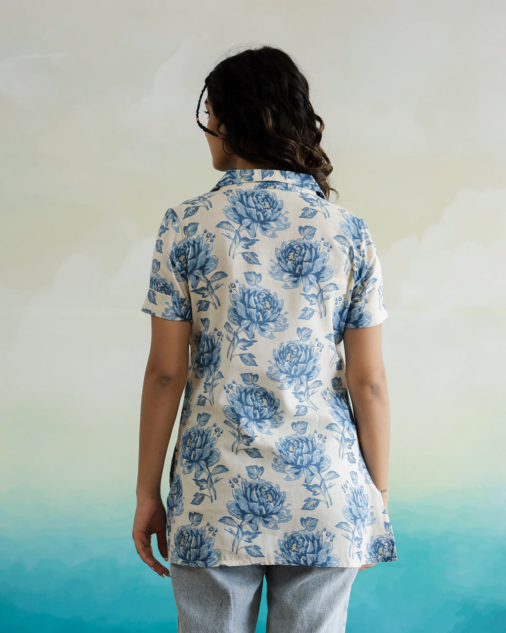 Blue Flower Printed Cotton Top - SanskrutiHomes 
