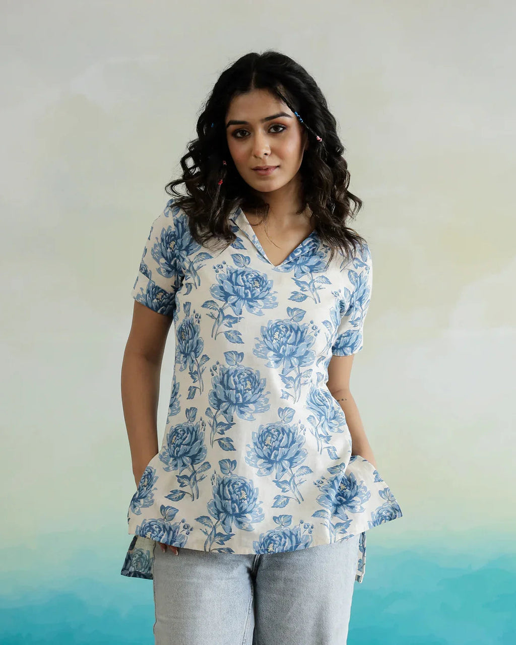 Blue Flower Printed Cotton Top - SanskrutiHomes 
