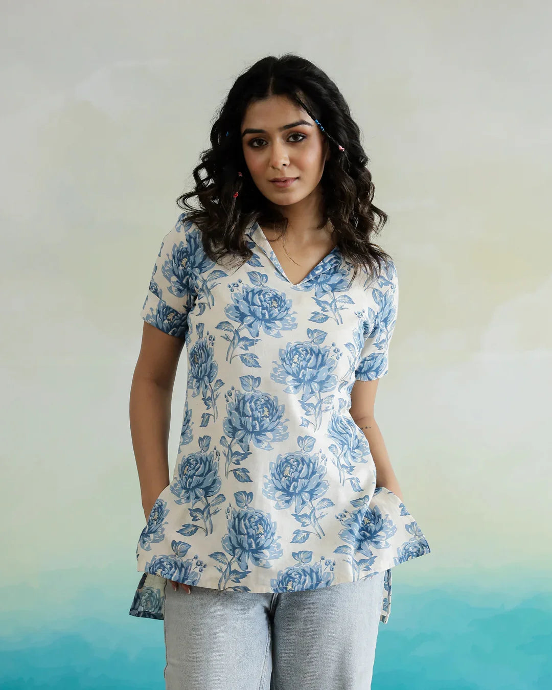 Blue Flower Printed Cotton Top - SanskrutiHomes 