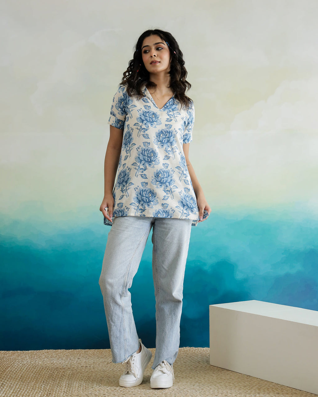 Blue Flower Printed Cotton Top - SanskrutiHomes 