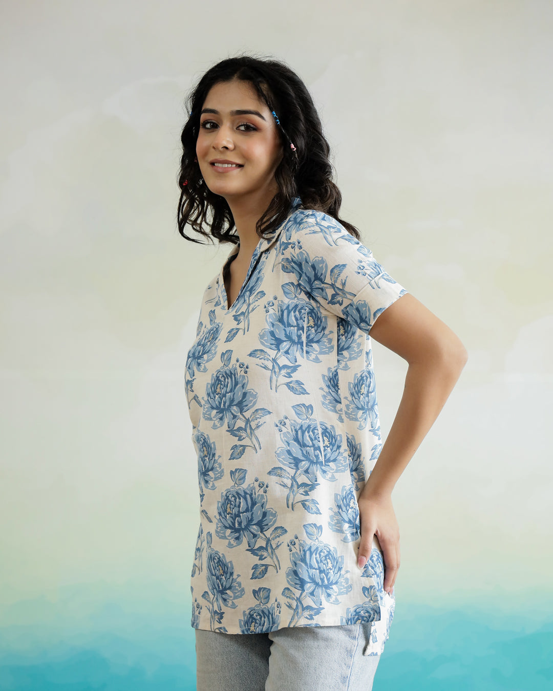 Blue Flower Printed Cotton Top - SanskrutiHomes 
