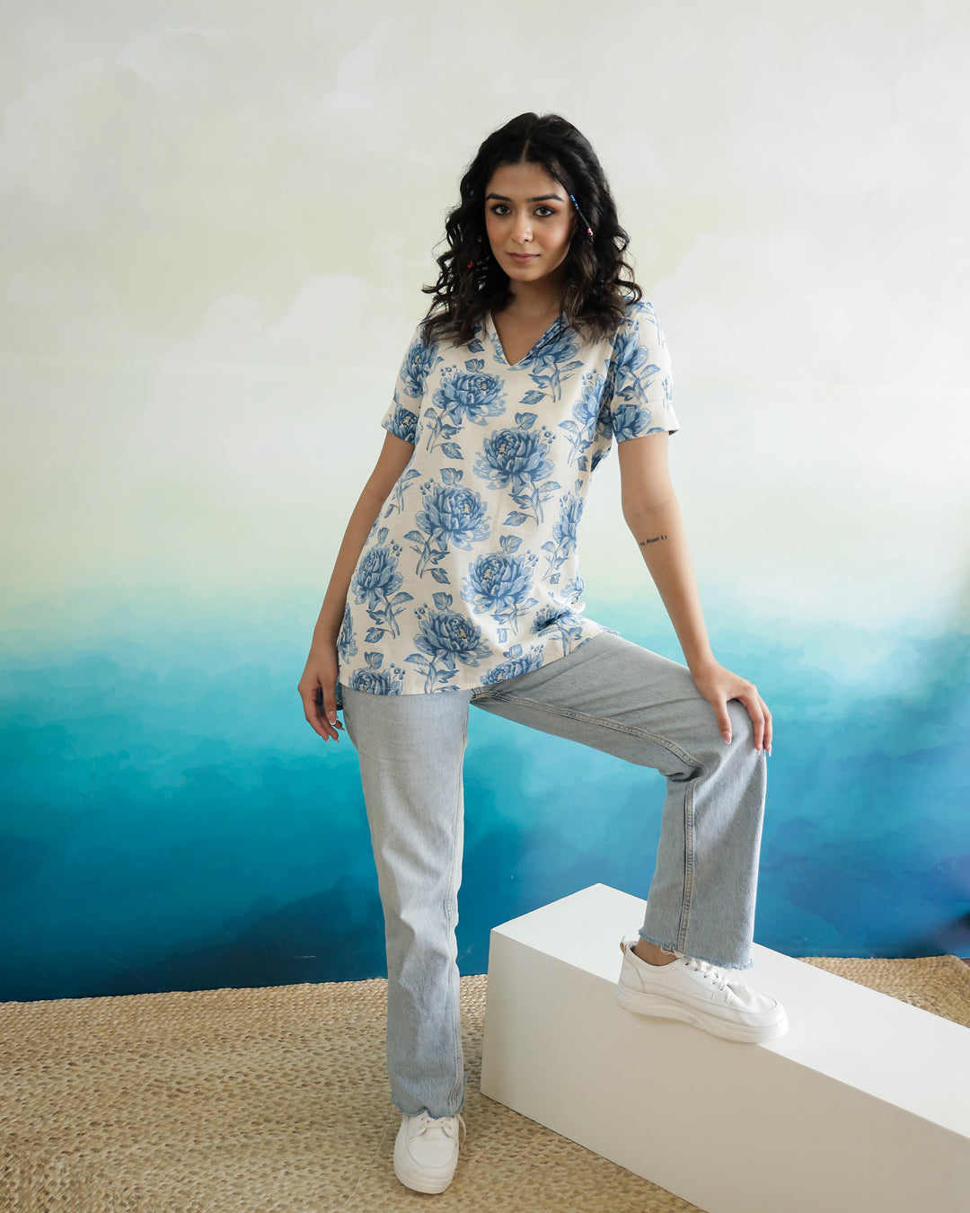 Blue Flower Printed Cotton Top - SanskrutiHomes 