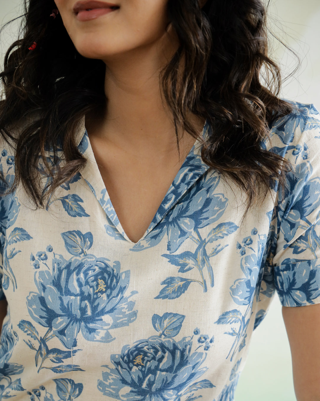Blue Flower Printed Cotton Top - SanskrutiHomes 