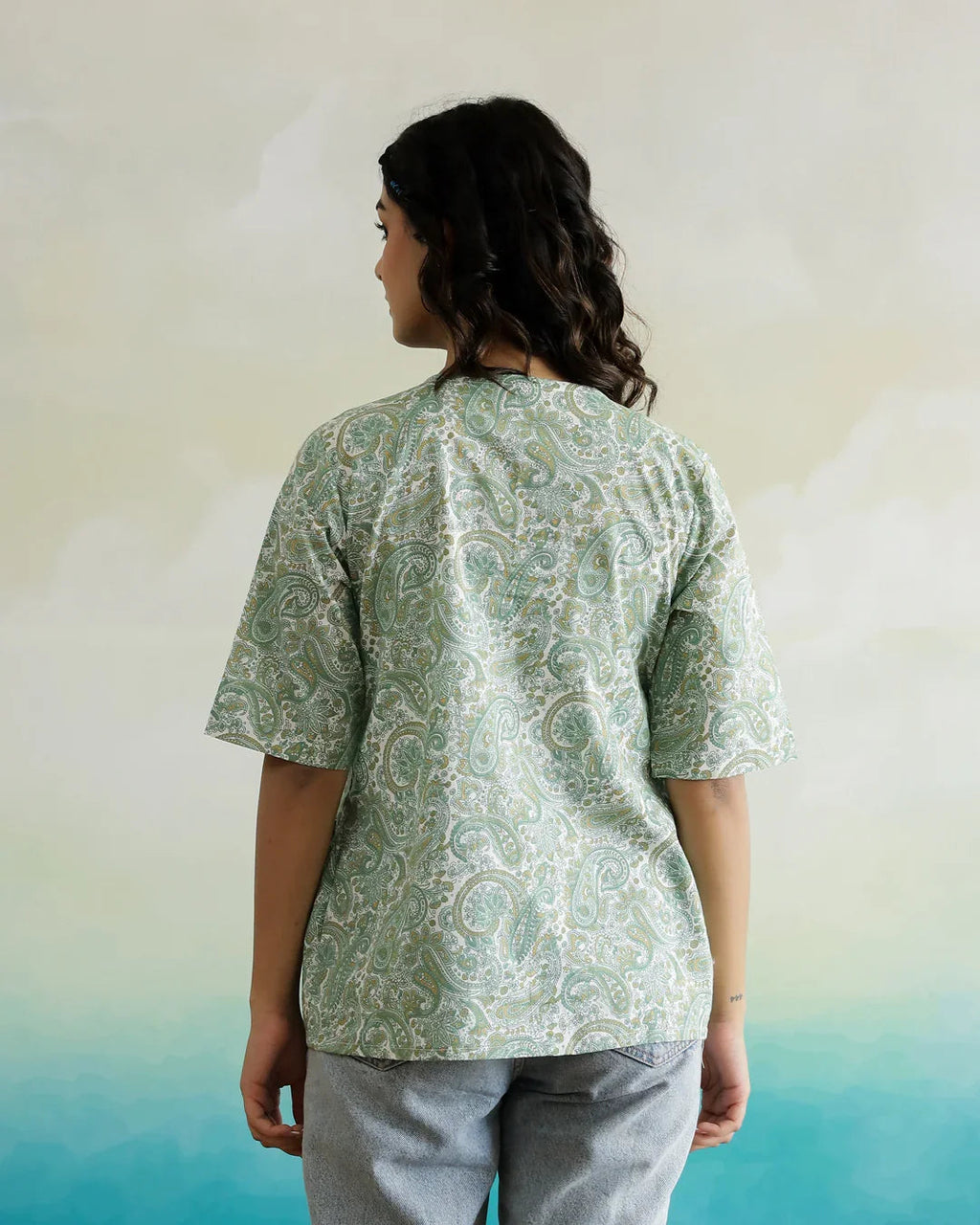 Green Flower Printed Cotton Half Sleeve Top for Women - SanskrutiHomes 