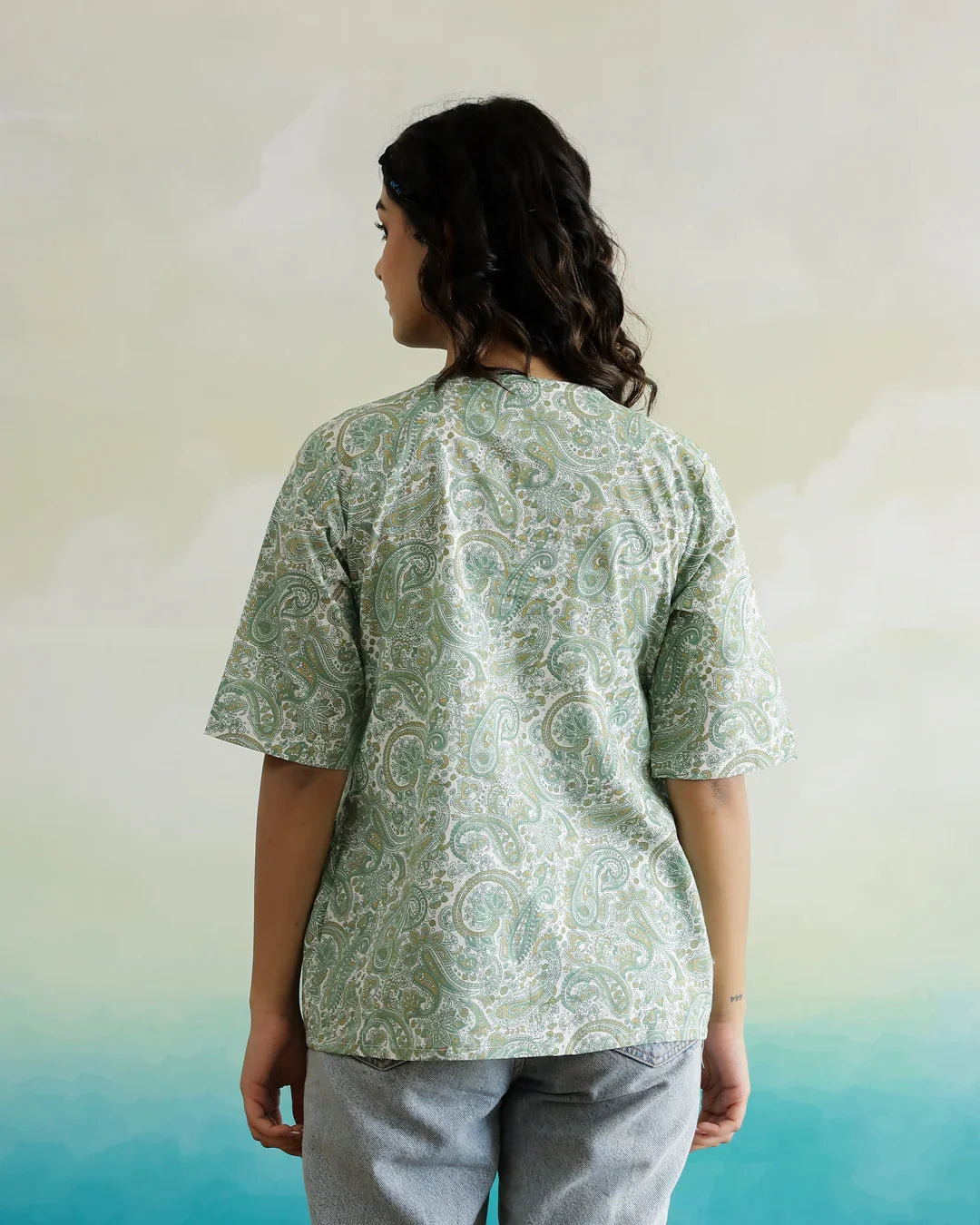 Green Flower Printed Cotton Half Sleeve Top for Women - SanskrutiHomes 