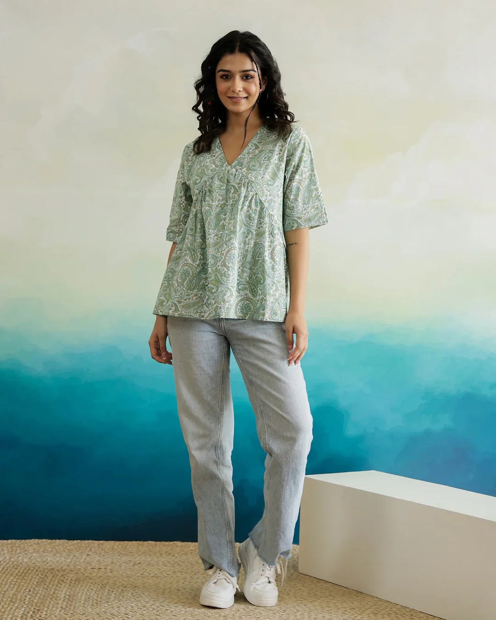 Green Flower Printed Cotton Half Sleeve Top for Women - SanskrutiHomes 