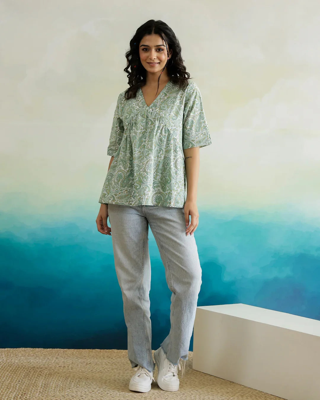 Green Flower Printed Cotton Half Sleeve Top for Women - SanskrutiHomes 