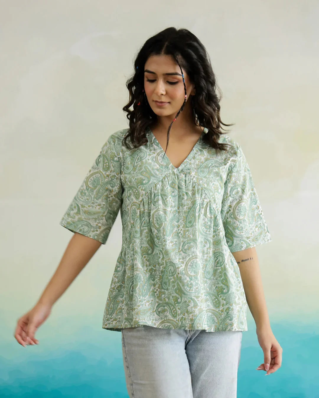Green Flower Printed Cotton Half Sleeve Top for Women - SanskrutiHomes 