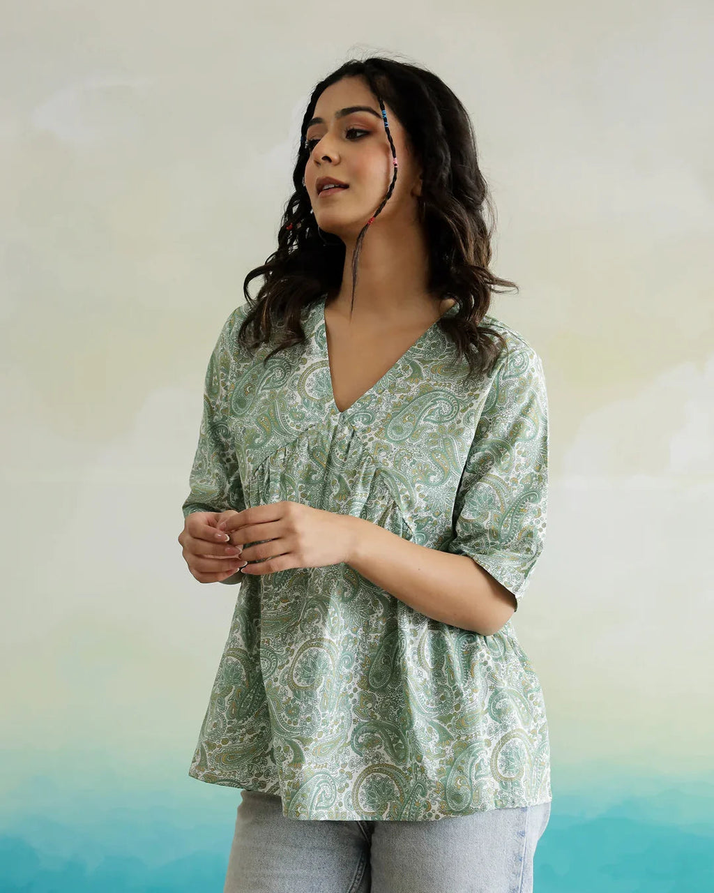 Green Flower Printed Cotton Half Sleeve Top for Women - SanskrutiHomes 