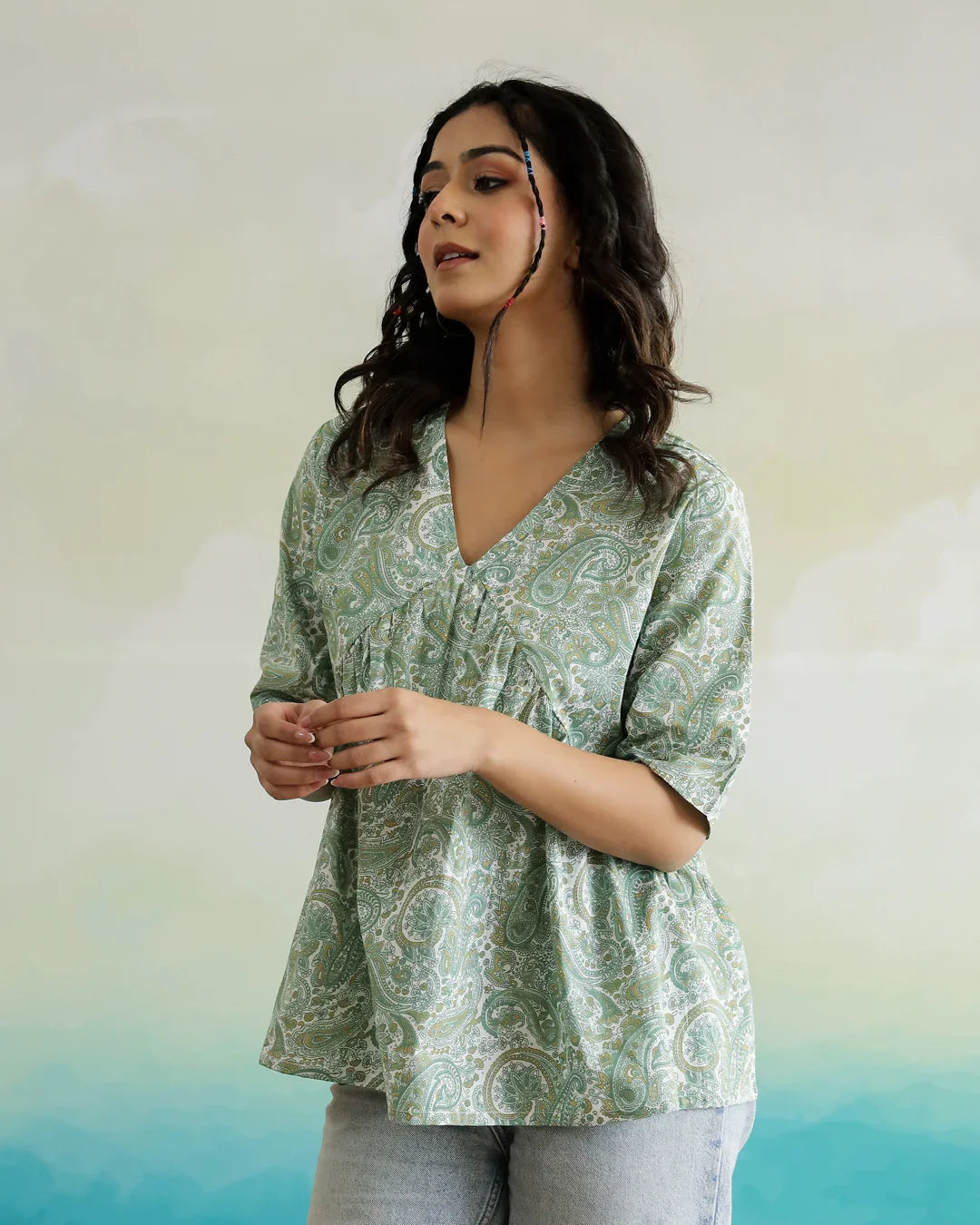Green Flower Printed Cotton Half Sleeve Top for Women - SanskrutiHomes 