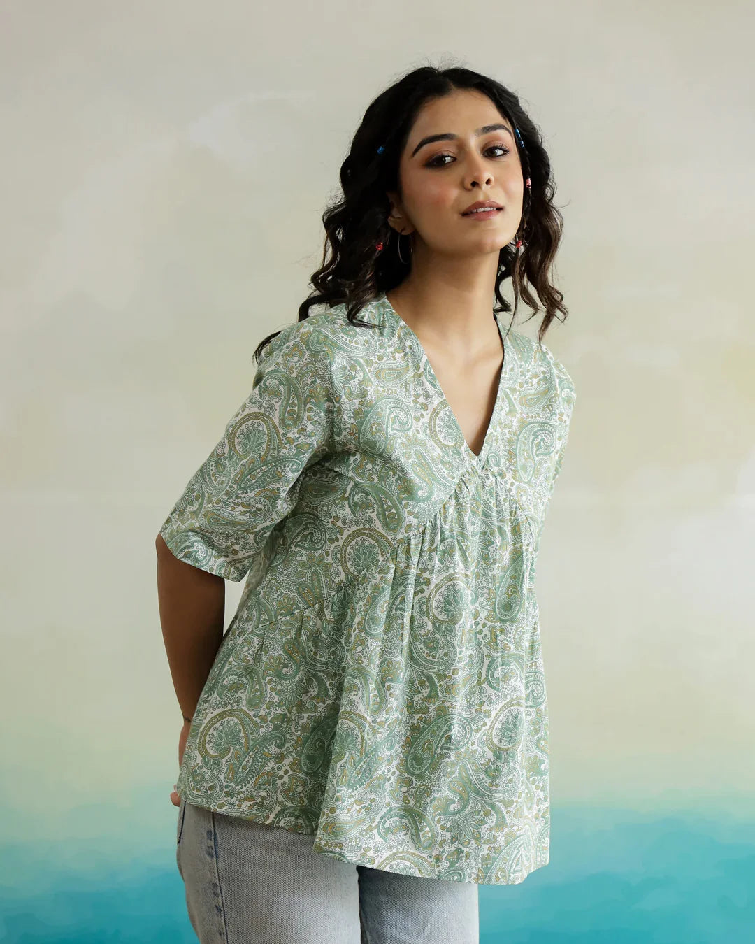 Green Flower Printed Cotton Half Sleeve Top for Women - SanskrutiHomes 