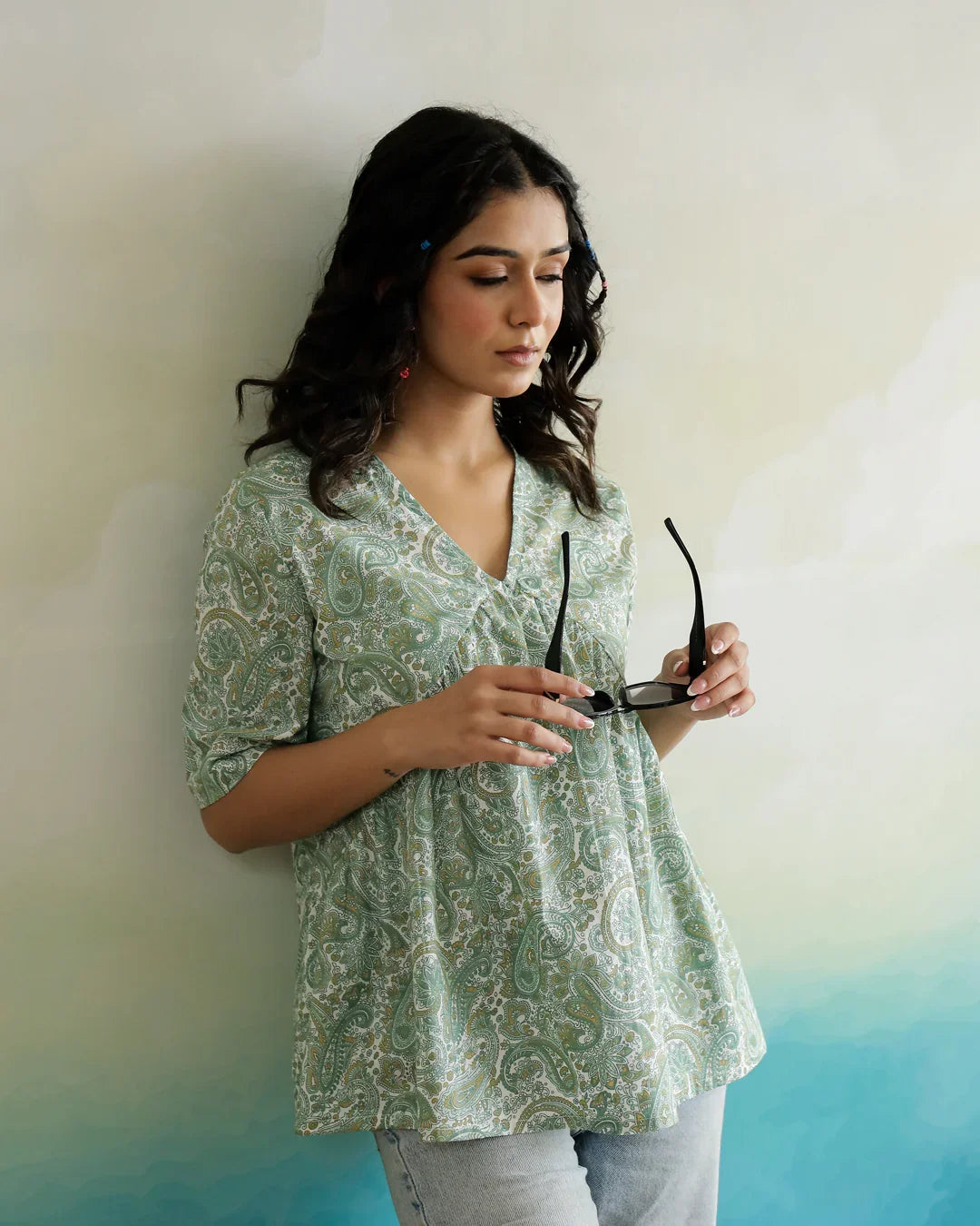 Green Flower Printed Cotton Half Sleeve Top for Women - SanskrutiHomes 