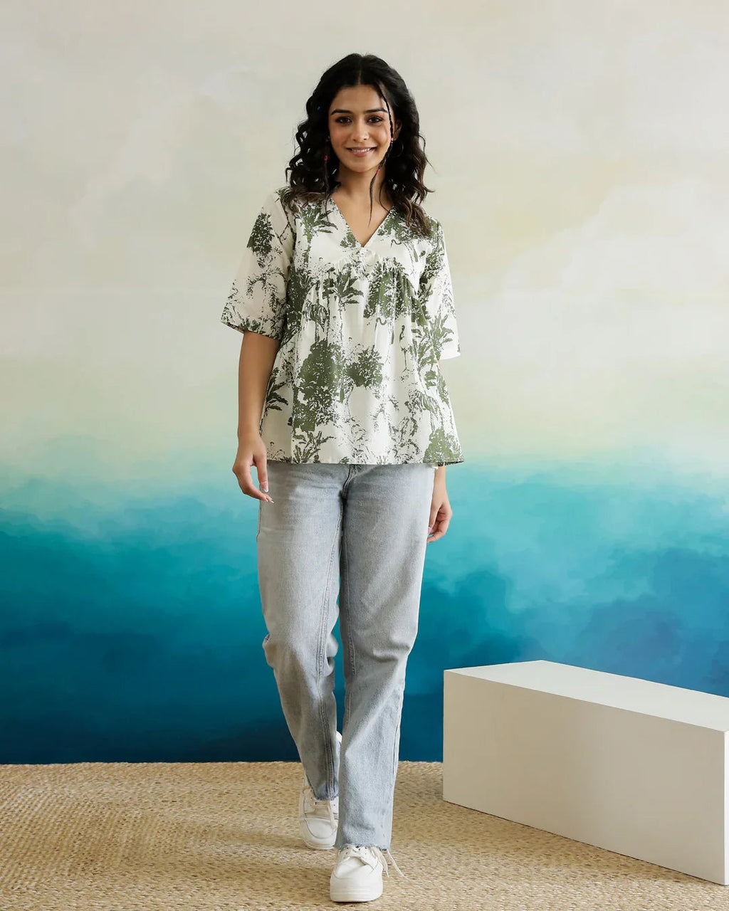 Green Flower Printed Peplum Top - SanskrutiHomes 