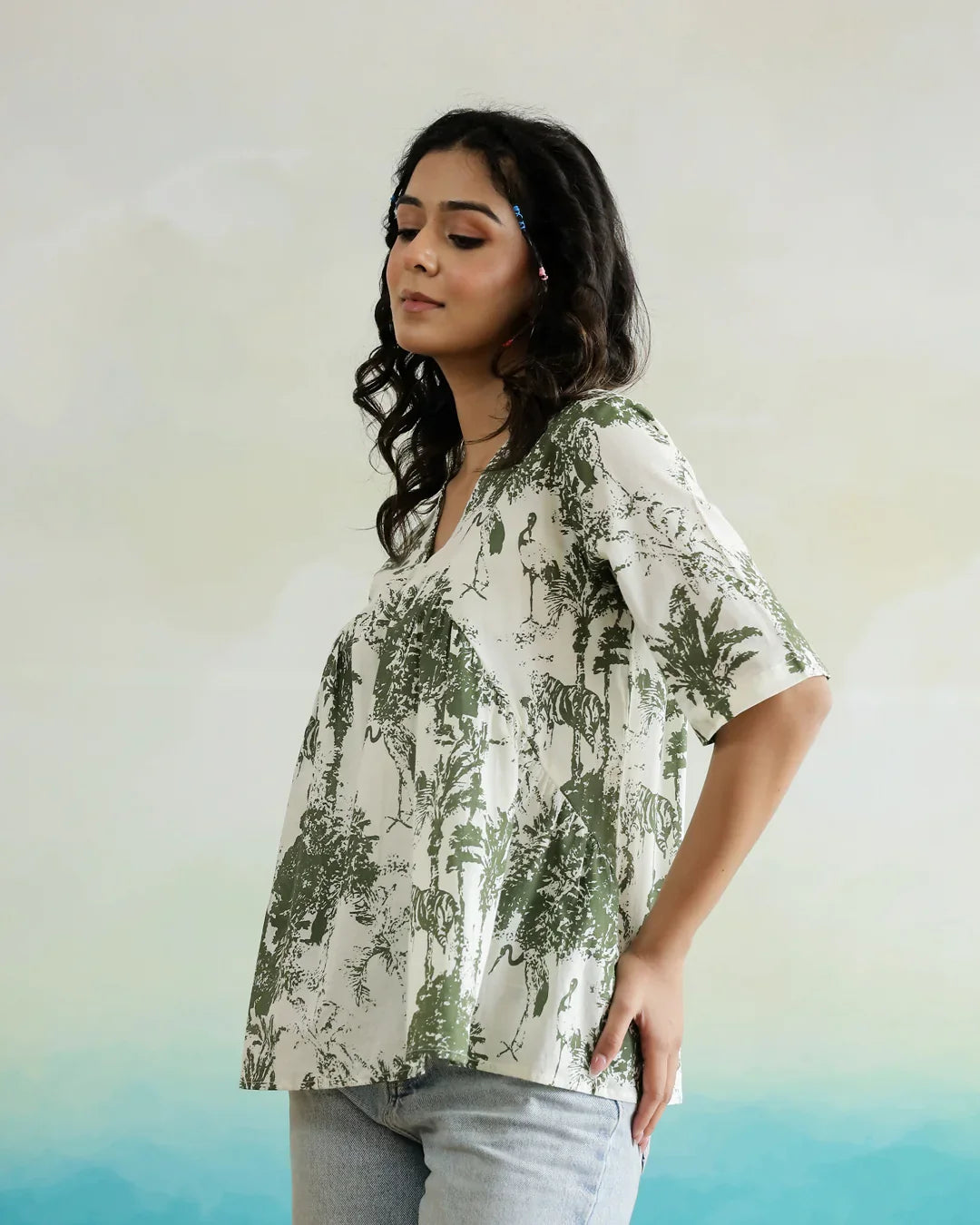 Green Flower Printed Peplum Top - SanskrutiHomes 