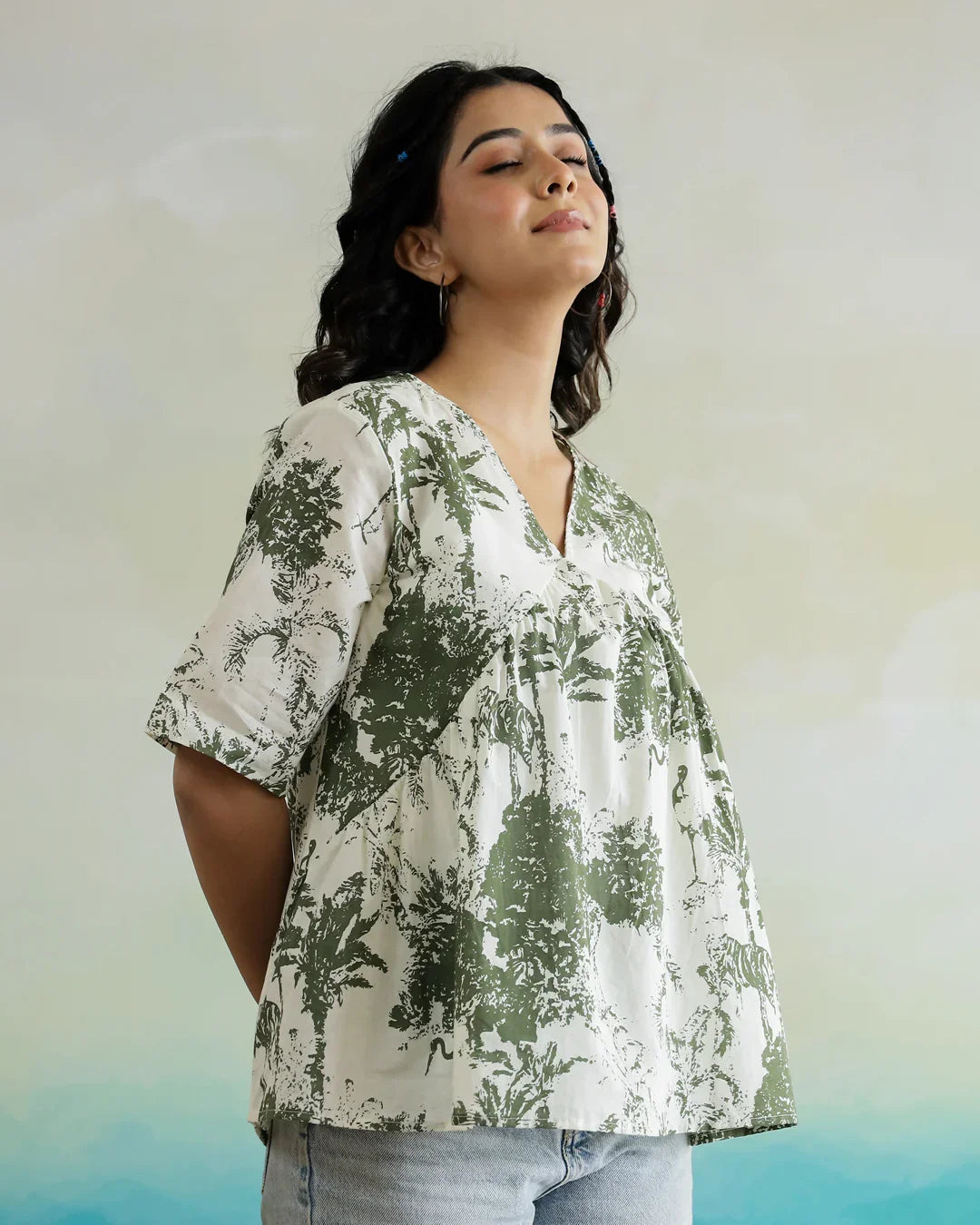 Green Flower Printed Peplum Top - SanskrutiHomes 