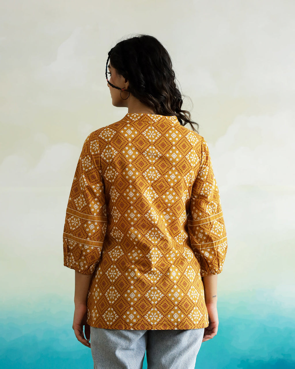 Yellow Printed V-Neck Cotton Top - SanskrutiHomes 