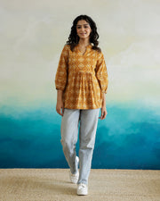 Yellow Printed V-Neck Cotton Top - SanskrutiHomes 