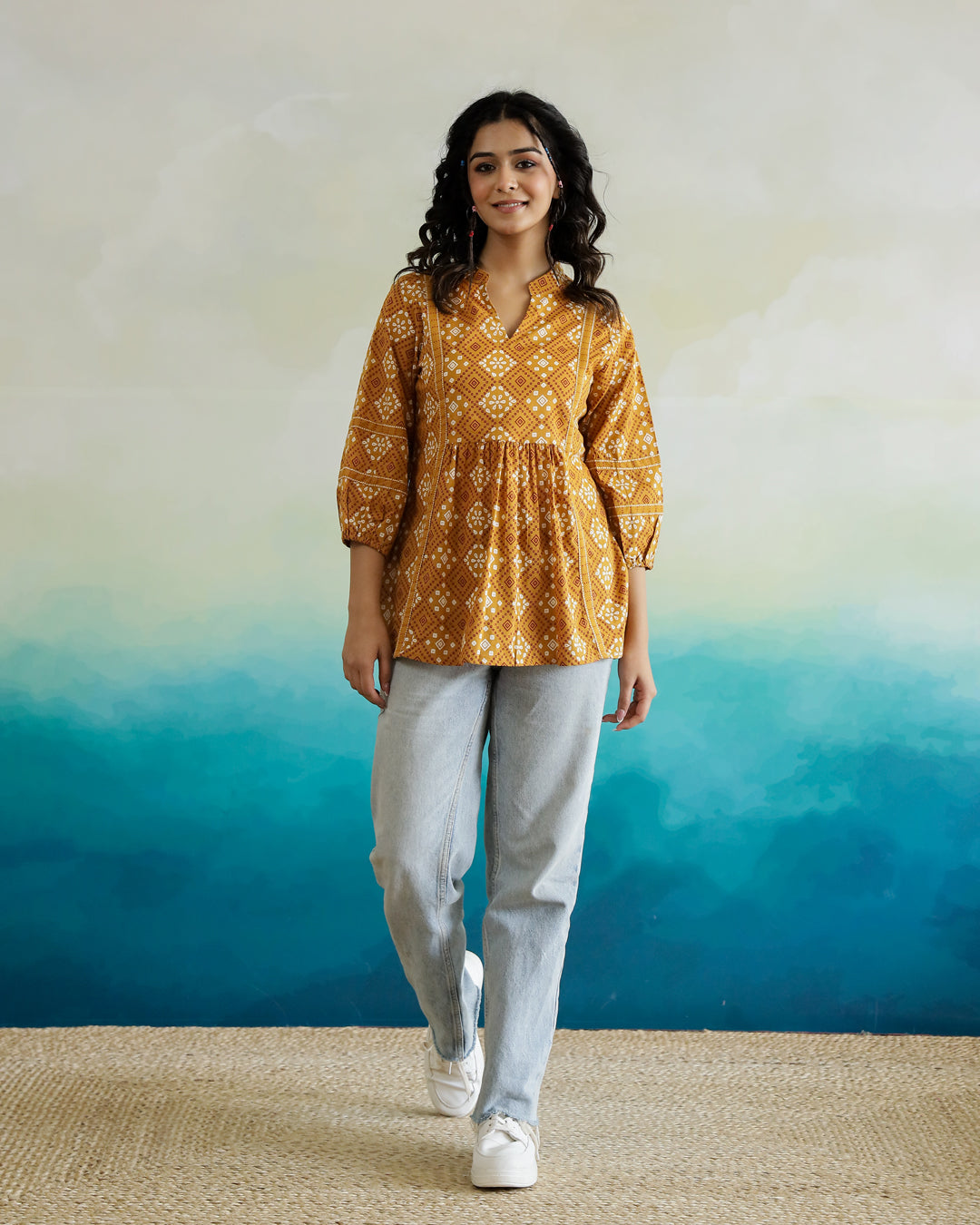 Yellow Printed V-Neck Cotton Top - SanskrutiHomes 