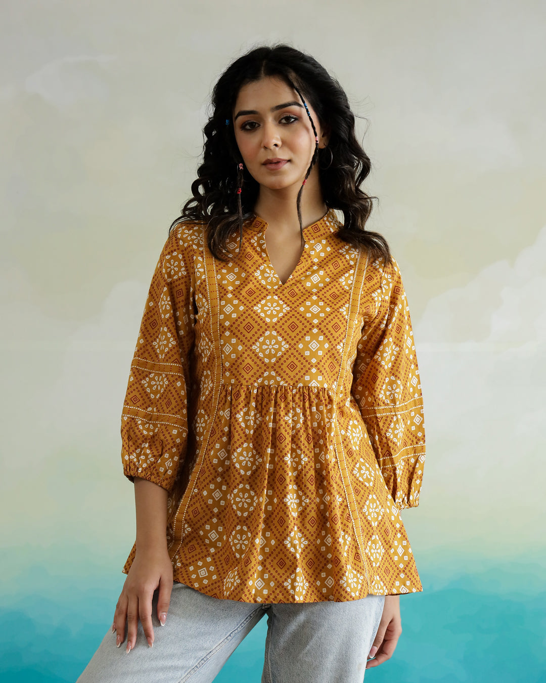 Yellow Printed V-Neck Cotton Top - SanskrutiHomes 