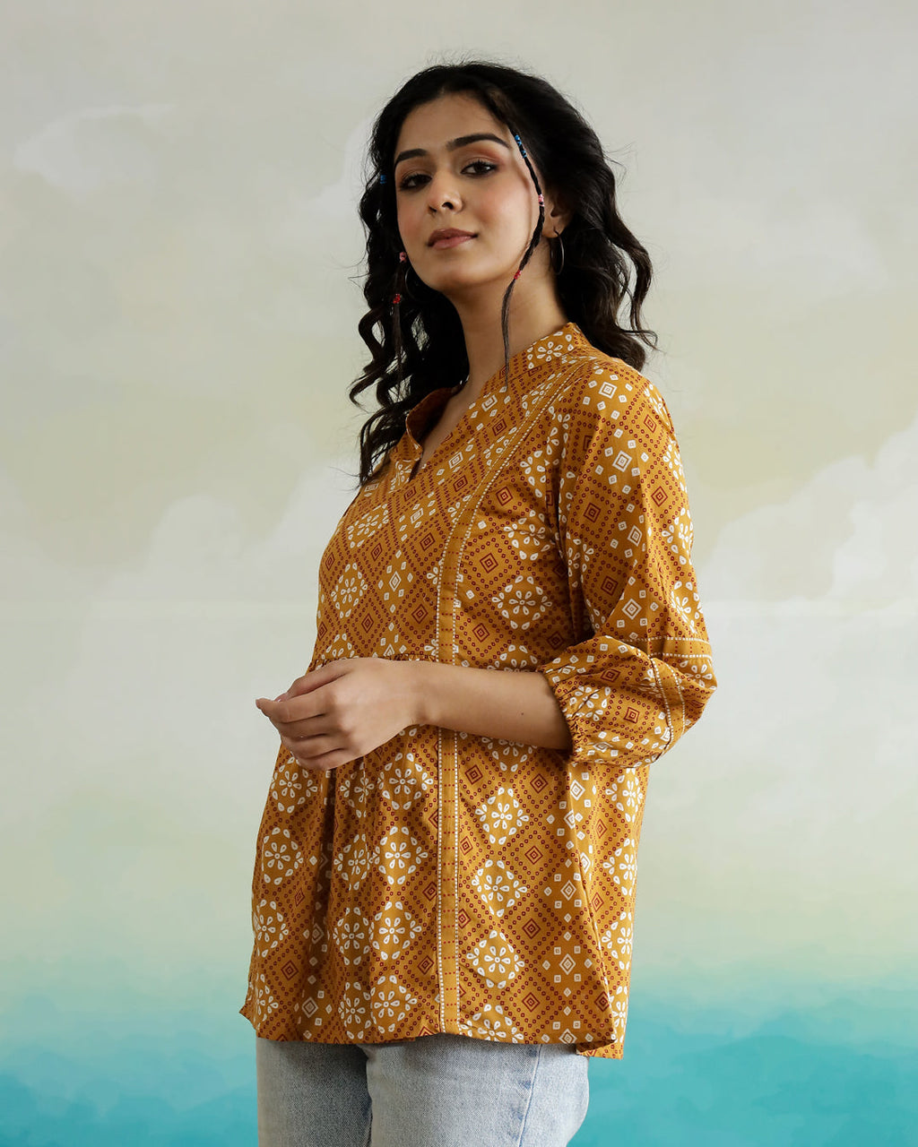 Yellow Printed V-Neck Cotton Top - SanskrutiHomes 