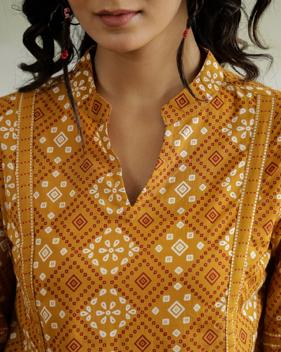 Yellow Printed V-Neck Cotton Top - SanskrutiHomes 