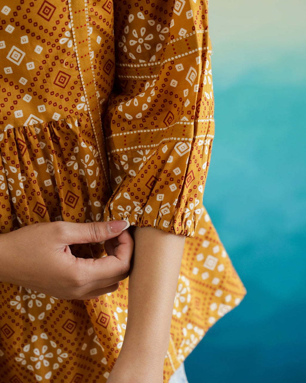 Yellow Printed V-Neck Cotton Top - SanskrutiHomes 
