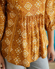 Yellow Printed V-Neck Cotton Top - SanskrutiHomes 