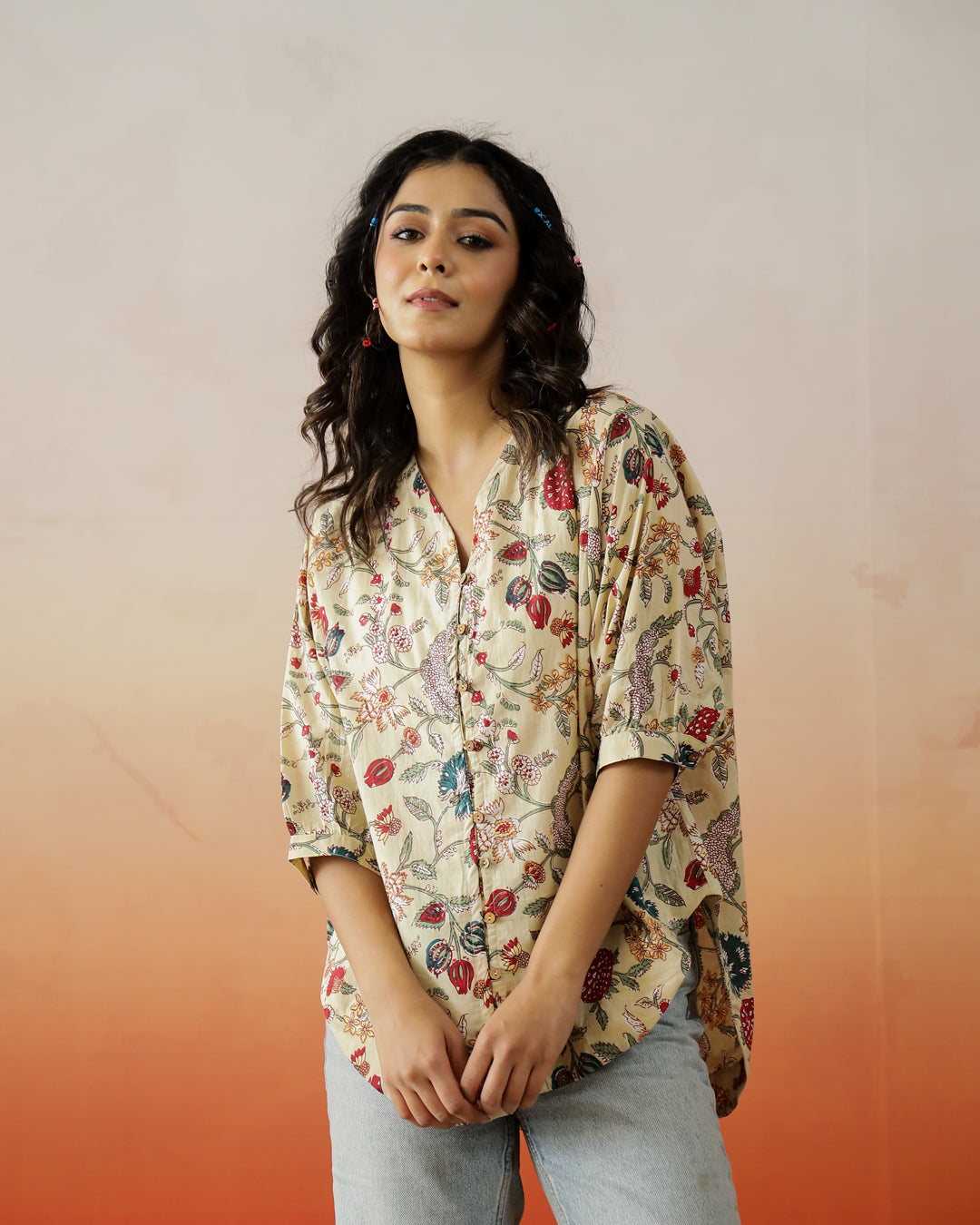 Beige Floral Printed Top for Women - SanskrutiHomes 