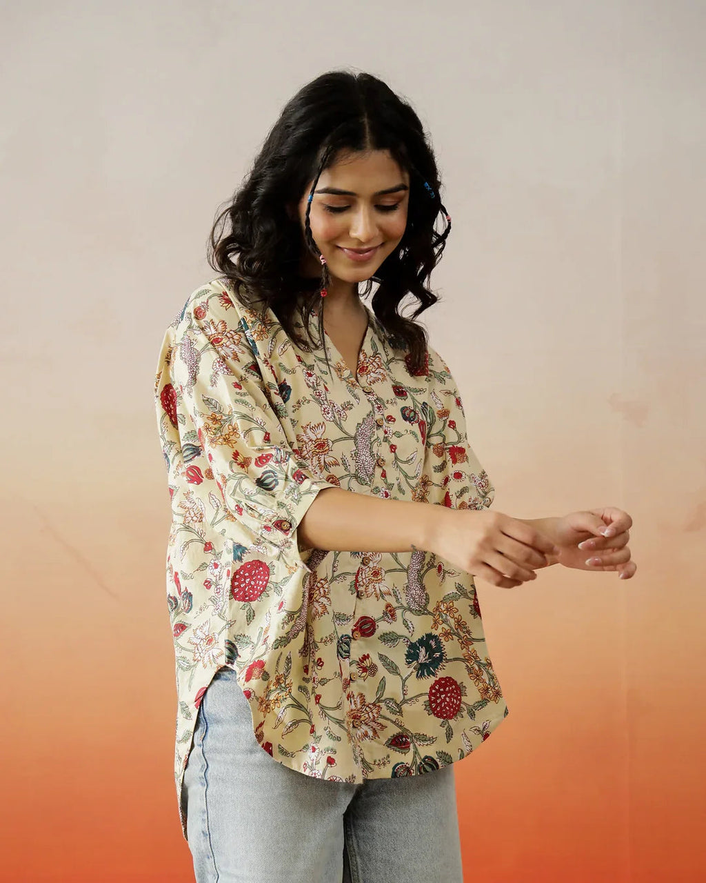 Beige Floral Printed Top for Women - SanskrutiHomes 