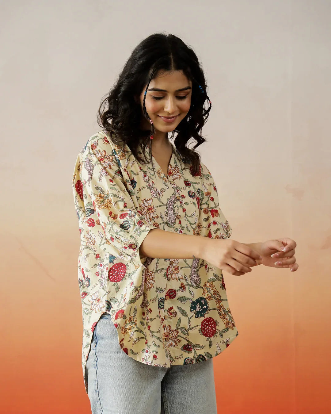 Beige Floral Printed Top for Women - SanskrutiHomes 