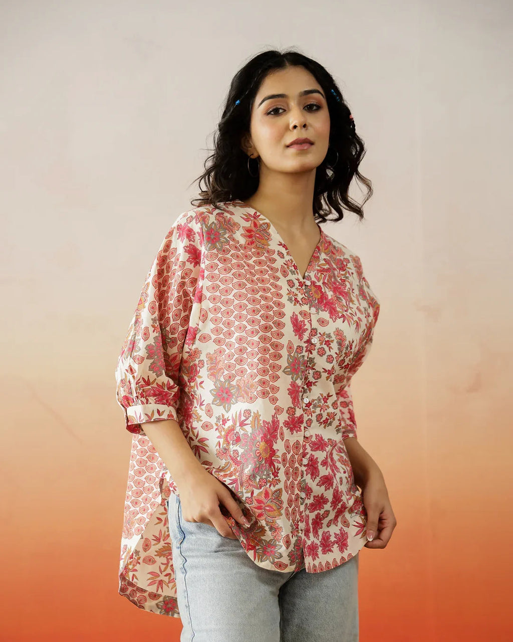 Floral Printed Cotton Top for Women - SanskrutiHomes 