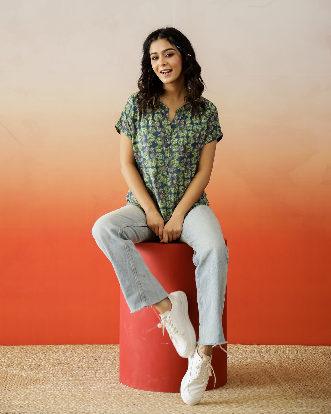 Green Flower Printed Cotton Top