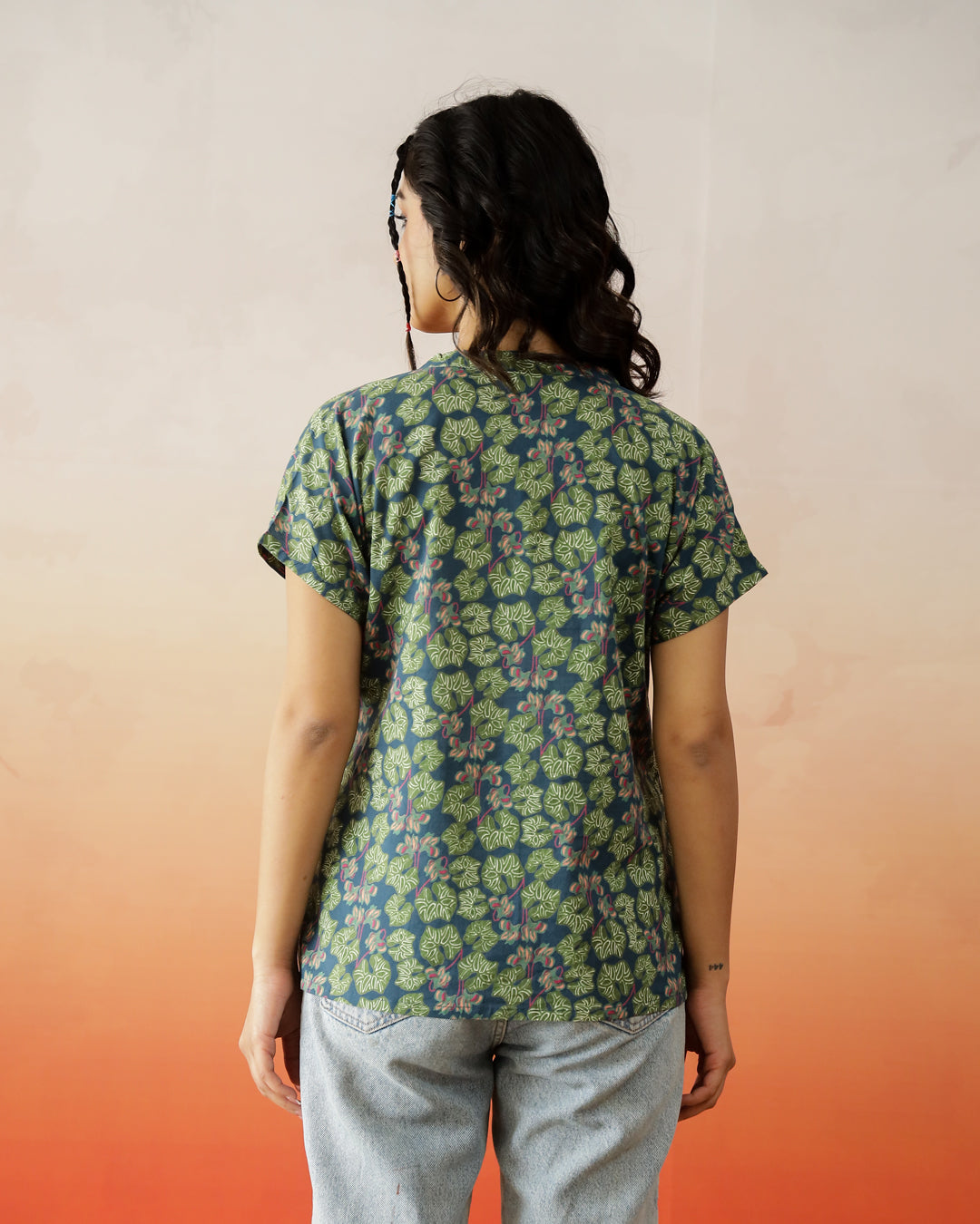 Green Flower Printed Cotton Top