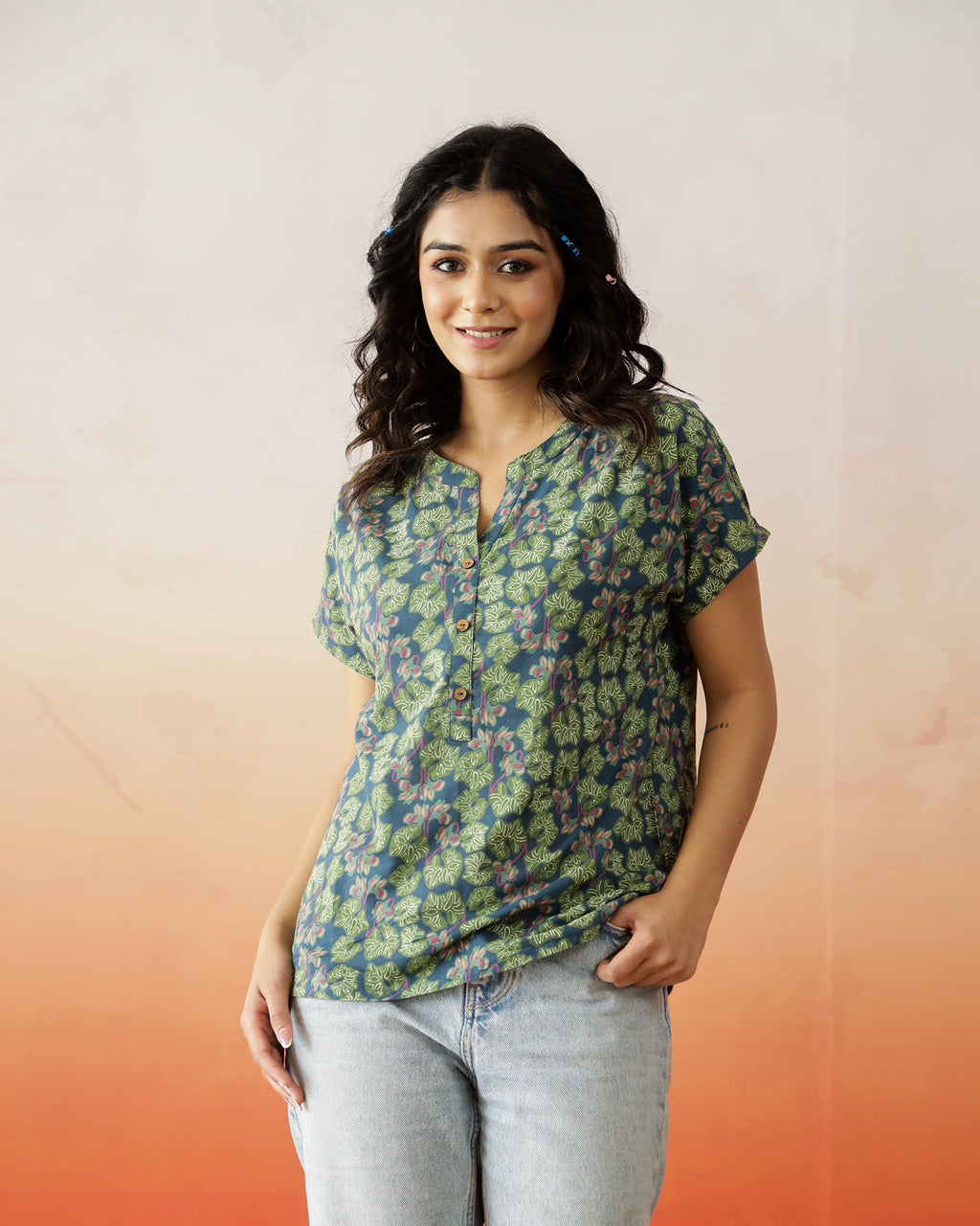 Green Flower Printed Cotton Top