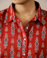 Red Printed Shirt Collar Top