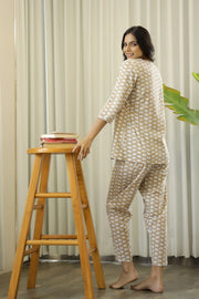 Brown Cotton Elephant Print Night Suit Set With Payjama