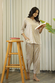 Brown Cotton Elephant Print Night Suit Set with Payjama - SanskrutiHomes 