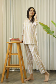 Brown Cotton Elephant Print Night Suit Set with Payjama - SanskrutiHomes 