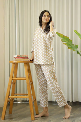 Brown Cotton Elephant Print Night Suit Set with Payjama - SanskrutiHomes 